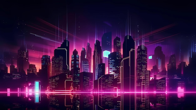 Neon futuristische Stadt Cyberpunk mit Mond im Hintergrund generative ai