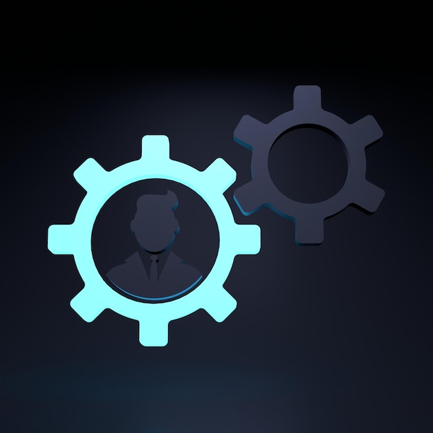 Neon Gears Mann Einstellungen vor schwarzem Hintergrund 3D-Rendering-Illustration