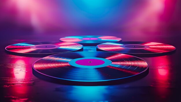 Foto neon glow auf vinyl-platten-sammlung