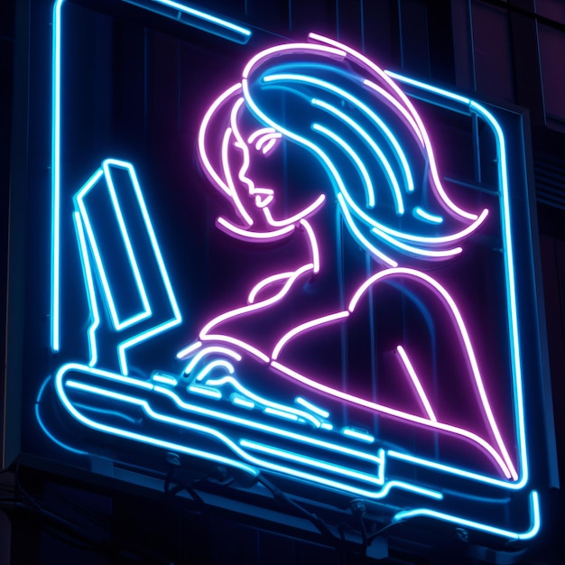 Neon Glow of Digital Creativity mujer con portátil generado por IA