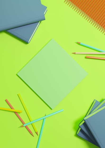 Neon green Back to school product exibe um pódio ou uma vista superior, plana acima dos livros de lápis