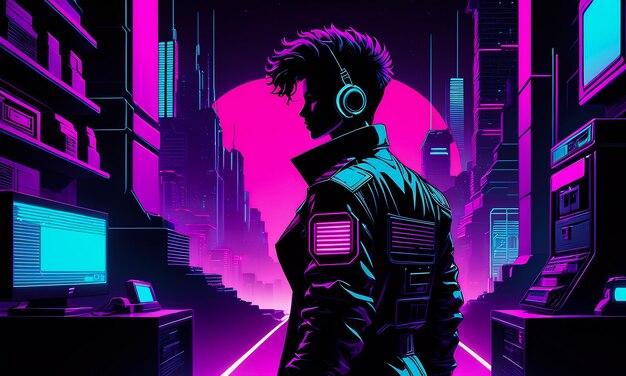 Neon-Hintergrund-Synthwave-Retro-Cyber-Punk-Stadtzimmer-Futuristische Farben Magenta-Lila