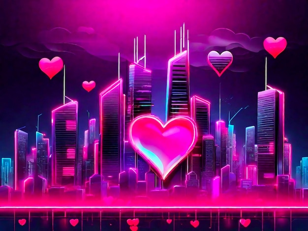 Neon-Hintergrund zum Valentinstag mit Wolkenkratzern und Herzen