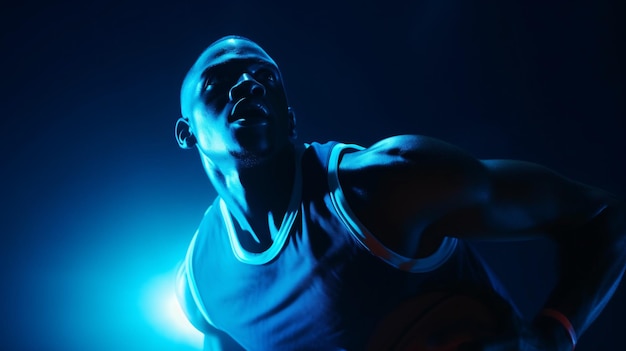 Neon-Intensität Ein auffallendes Porträt eines afroamerikanischen Basketballspielers, der in einer neonbeleuchteten Isolation gegen einen blauen Hintergrund trainiert