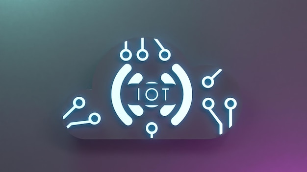 Neon Internet coisa logotipo símbolo IoT conceito 3d render ilustração