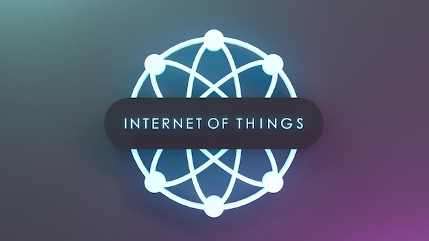 Neon Internet coisa logotipo símbolo IoT conceito 3d render ilustração