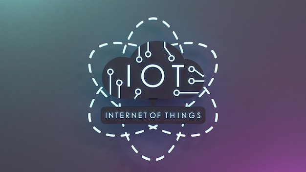 Neon Internet cosa logo símbolo IoT concepto 3d render ilustración