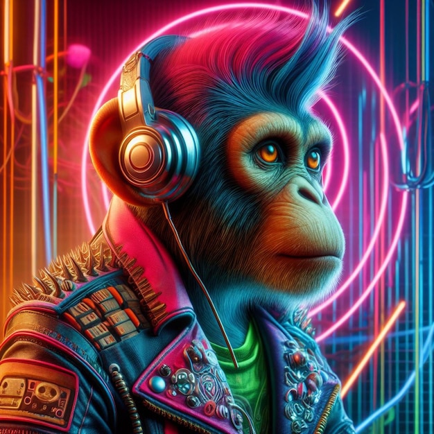 Neon jungle swing um macaco futurista veste uma jaqueta punk em luzes coloridas vibrantes