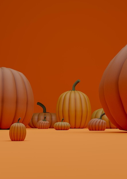 Neon laranja vermelho brilhante ilustração 3D outono outono exposição de produtos com tema de Halloween fundo ou papel de parede com abóboras fotografia vertical do produto do lado com lugar para o produto