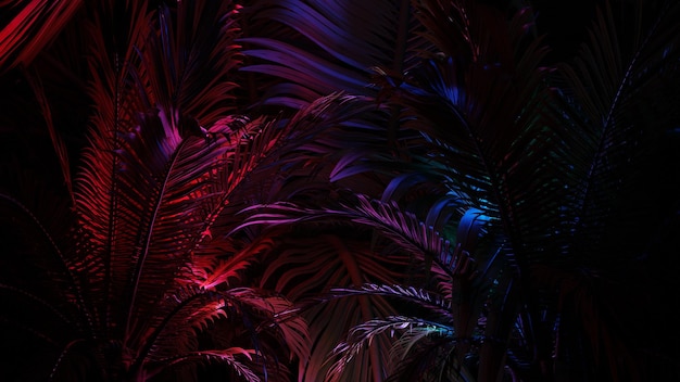 Neon leuchtende Palmblätter tropischer dunkler Hintergrund Blau-violette Farbe Leuchtender linearer volumetrischer Neonbaum 3D-Rendering