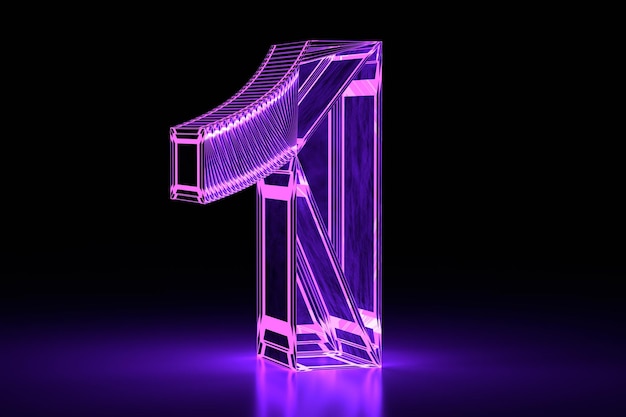 Neon leuchtende volumetrische 3D-Nummer eins Purple Digital Design 3D-Rendering