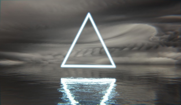 Neon leuchtender Dreieckrahmen, der auf der Wasseroberfläche schwimmt, Meerwasser 3D-Illustration