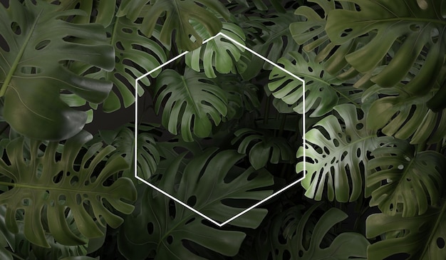 Neon leuchtender Rahmen, natürlicher Blatt-Hintergrund, 3D-Illustration