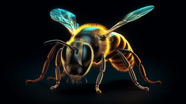 Neon leuchtendes Bienentier isoliert auf dunklem Hintergrund Generative KI