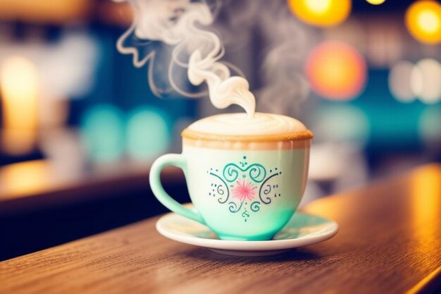 Neon mágico aquarela latte arte desenho intrincado vapor subindo da xícara