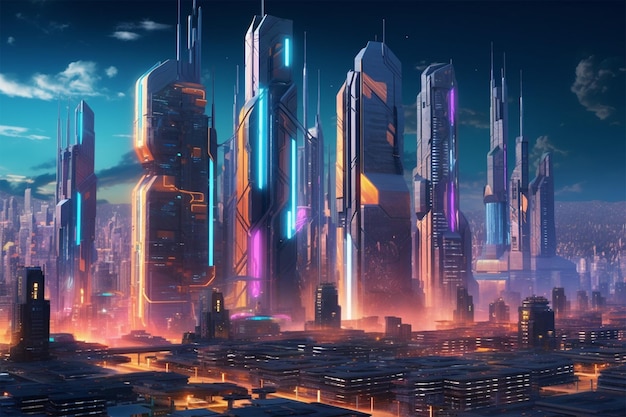 Neon Mega City mit Lichtreflexion von Pfützen auf der Straße