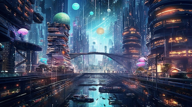 Neon Metropolis Cores Vibrantes em uma Cidade de Peixe Cyberpunk Mecha Estilo