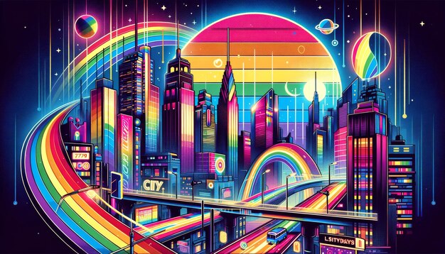 Neon Metropolis Retro-Futurista Paisaje de la Ciudad bajo el Cielo Cósmico