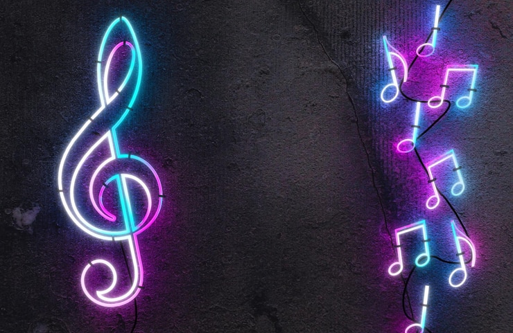 Foto neon-musiknotenschild party- und unterhaltungsdesign violinschlüssel