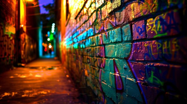 Neon-Nächte Regen durchnässte Graffiti-Wand mit mysteriösen Symbolen