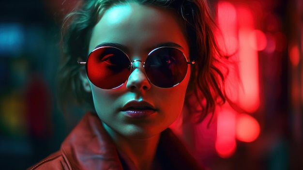 Neon-Nahaufnahmeporträt einer jungen Frau mit roter Sonnenbrille Generative KI