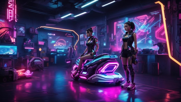 Neon Nexus Un laboratorio Cyberpunk de artilugios futuristas y renderizados 3D hiperdetallados