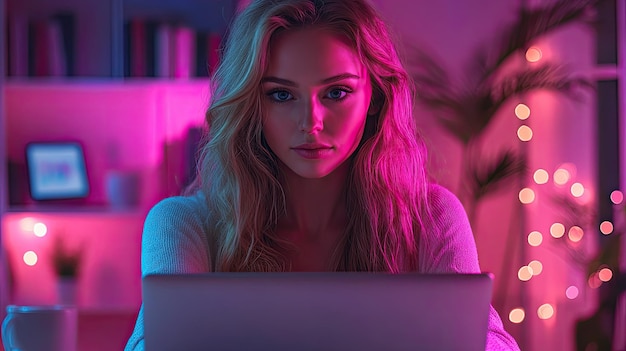 Neon Nights Una mujer trabajando en su portátil en una habitación iluminada de rosa y púrpura vibrante