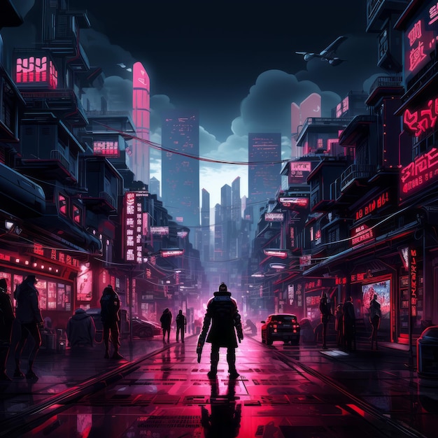 Neon Noir Batman contra las pandillas del futuro en las calles futuristas de Hong Kong