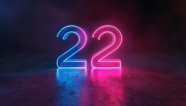 Neon número 22 com superfície refletora Imagem gerada digitalmente para publicidade moderna