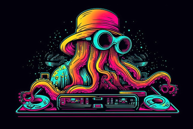 Foto neon octopus hipster atrás do console de dj isolado em um fundo preto