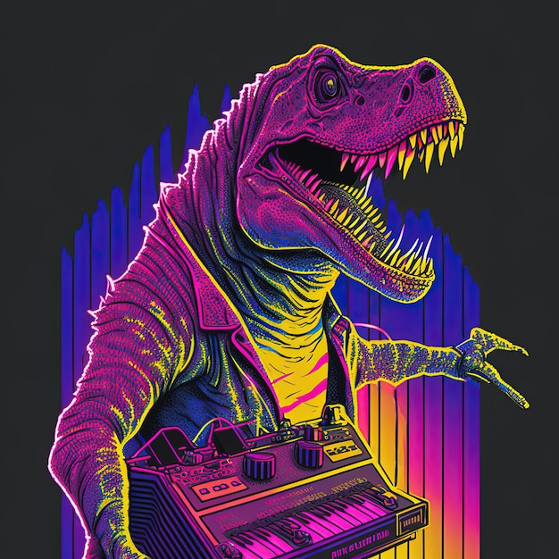 Neon-Party-DJ Tyrannosaurus Rex mit Tastatur Generative KI Basiert nicht auf einer tatsächlichen Szene