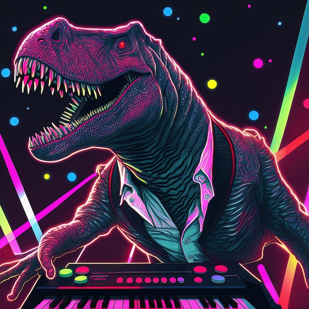 Neon party dj Tyrannosaurus rex con teclado IA generativa No se basa en ninguna escena real