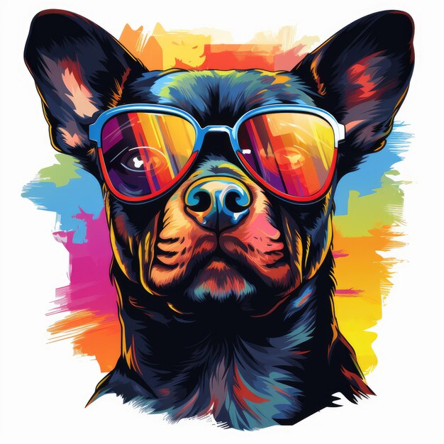 Neon Pinscher abrazando un estilo vívido de los años 80 con colores arco iris y gafas de sol