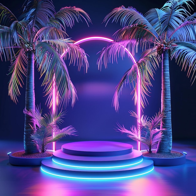 Neon-Podium-Hintergrund in drei Dimensionen Tropische Neon-Palmen schmücken eine farbige leere Anzeige Cyber
