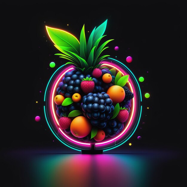 Neon realista frutas vetoriais com bagas e frutas Ilustração 3D Neon realistas frutas vetorais