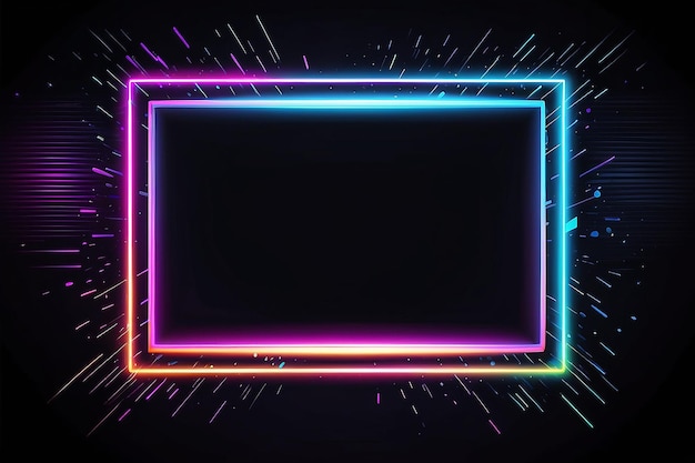 Foto neon rechteckiger rahmen mit glänzenden effekten auf dunklem hintergrund leere leuchtende techno-hintergrund vektorillustration