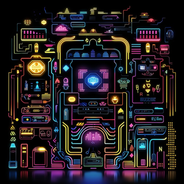 Neon Retro Arcaderetro Arcade LinesPixel Art Caracteresretro Y2K Formas Neon Transparente Luz Arte