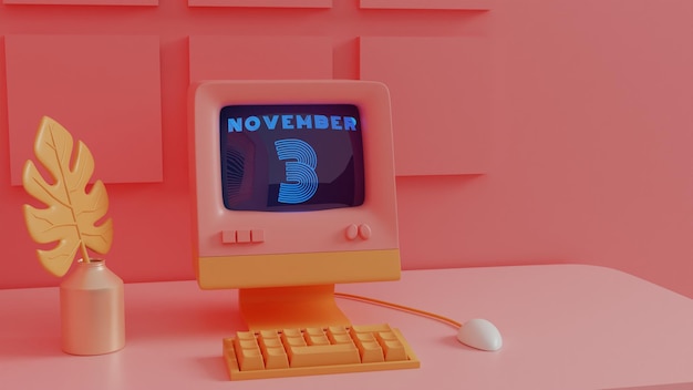 Neon-Retro-Kalender vom 3. November auf einem Vintage-Computerbildschirm mit Grafiken im Stil der 80er Jahre
