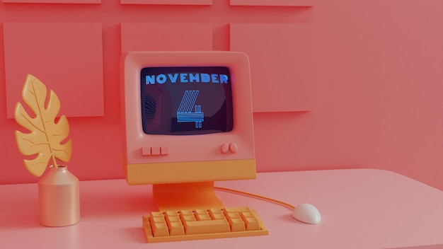Neon-Retro-Kalender vom 4. November auf einem Vintage-Computerbildschirm mit Grafiken im Stil der 80er Jahre