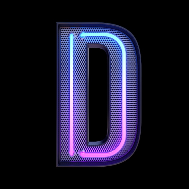 Neon Retro Light Alphabet Buchstabe D auf schwarzem Hintergrund mit Beschneidungspfad isoliert. 3D-Darstellung.