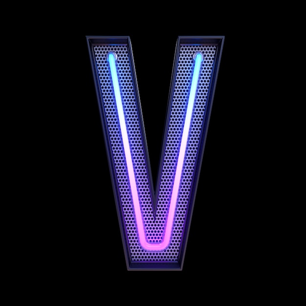 Foto neon retro light alphabet buchstaben v auf schwarzem hintergrund mit beschneidungspfad isoliert. 3d-darstellung.