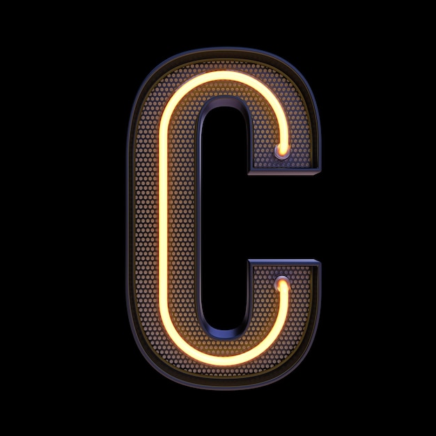Neon retro Light Alphabet letra C aislada en un fondo negro con Clipping Path. ilustración 3d