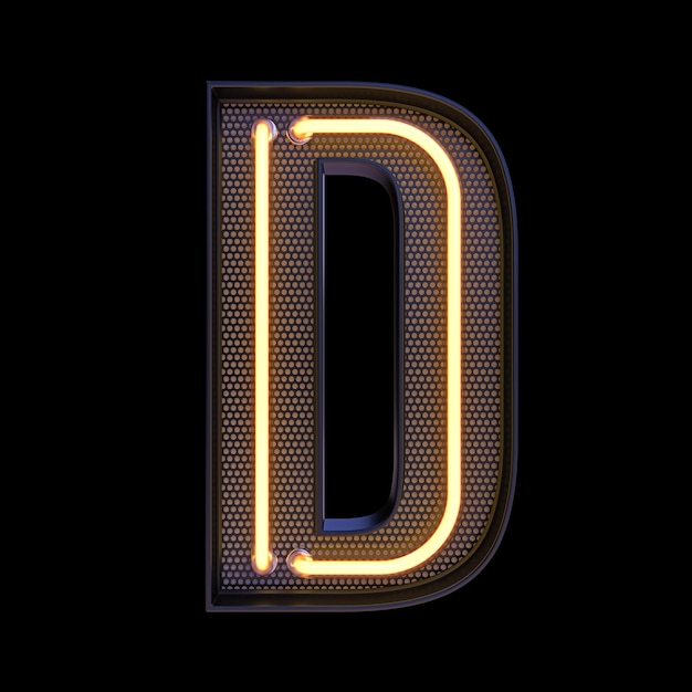 Neon retro Light Alphabet letra D aislada en un fondo negro con Clipping Path. ilustración 3d