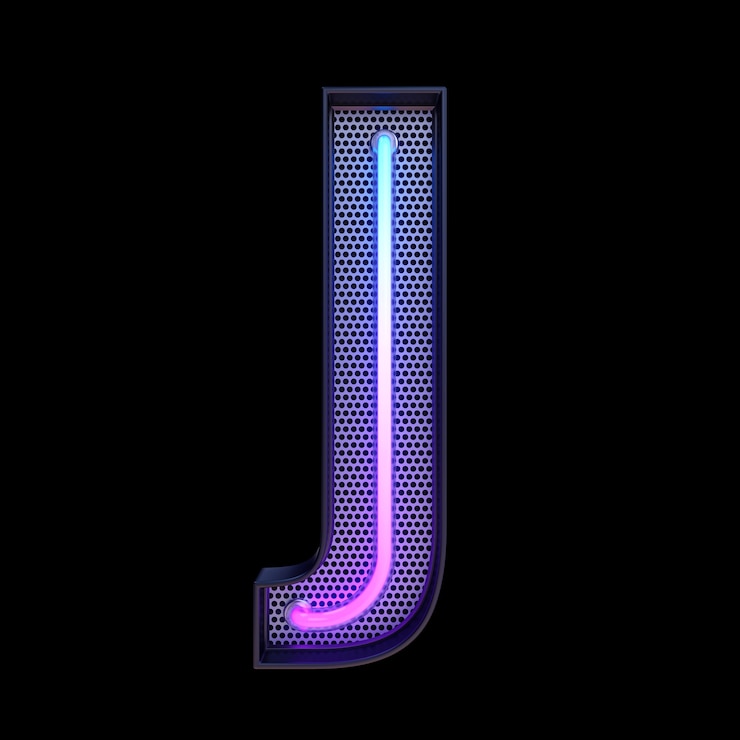 Foto neon retro light alphabet letra j aislada en un fondo negro con clipping path. ilustración 3d