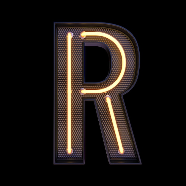 Neon retro Light Alphabet letra R aislada en un fondo negro con Clipping Path. ilustración 3d