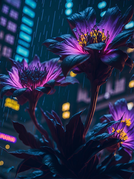 Neon Reverie Uma Sinfonia Floral Cyberpunk na Paisagem Urbana