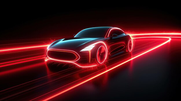 Foto neón rojo brillando en la oscuridad coche eléctrico en el concepto de funcionamiento de alta velocidad