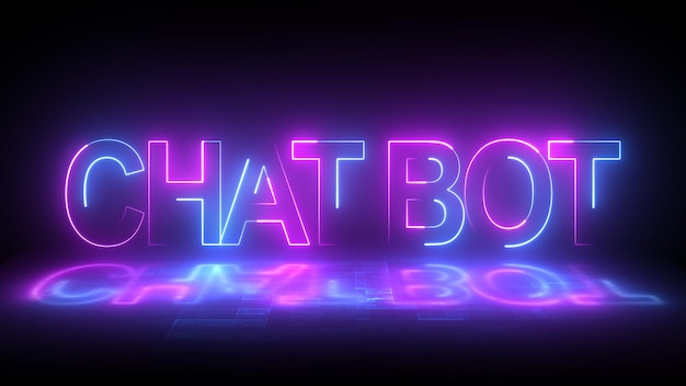 Néon roxo brilhando em texto animado colorido de um chatbot isolado em um fundo preto Animação do texto do chatbot contra um fundo iluminado por neon