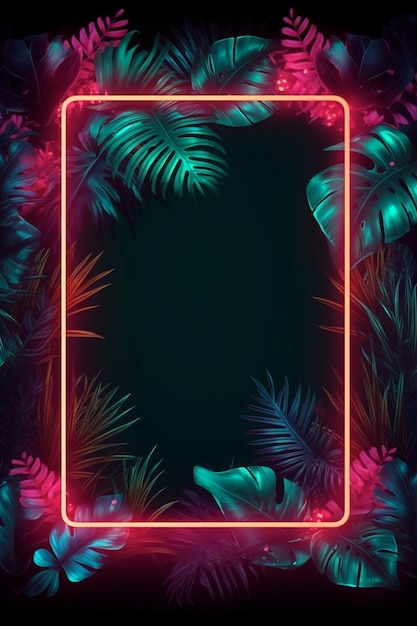 Neon rrame mockup com folhas tropicais e flores Generative ai