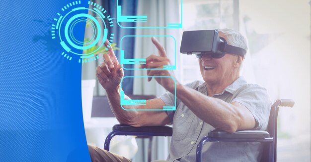 Neon-Scanner gegen einen älteren behinderten Mann, der ein VR-Headset vor blauem Technologiehintergrund trägt